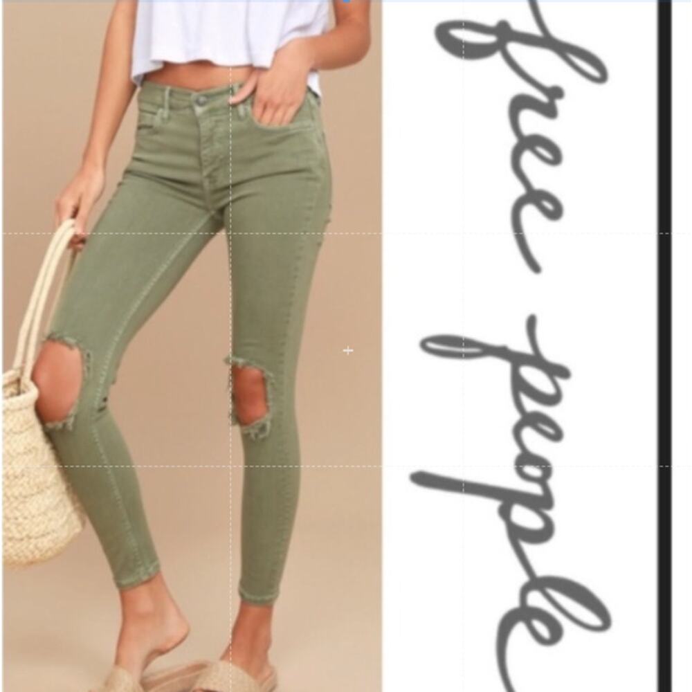 Free People Women's Denim Busted Knee Olive Green Skinny Jeans Size 28